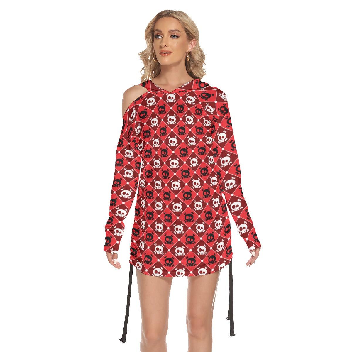 Christmas Red White Checked Skull Print Open Shoulder Dress -Wonder Skull