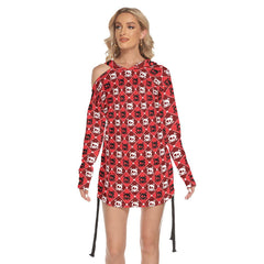 Christmas Red White Checked Skull Print Open Shoulder Dress -Wonder Skull