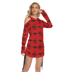 Red Bat Skull All Over Print Women One Shoulder Dress With Waist Shirring, Long Hoodie For Women - Wonder Skull