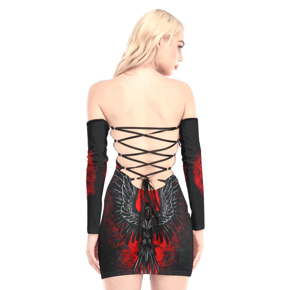 Red Sky Raven Off-shoulder Back Lace-up Dress - Wonder Skull