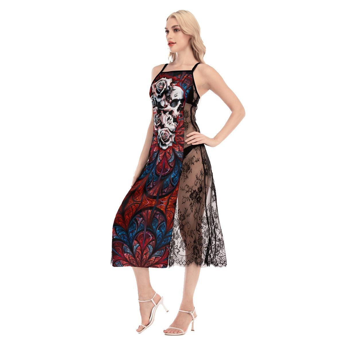 Skull Gothic Red Lace Cami Cross Back Women Dress - Wonder Skull