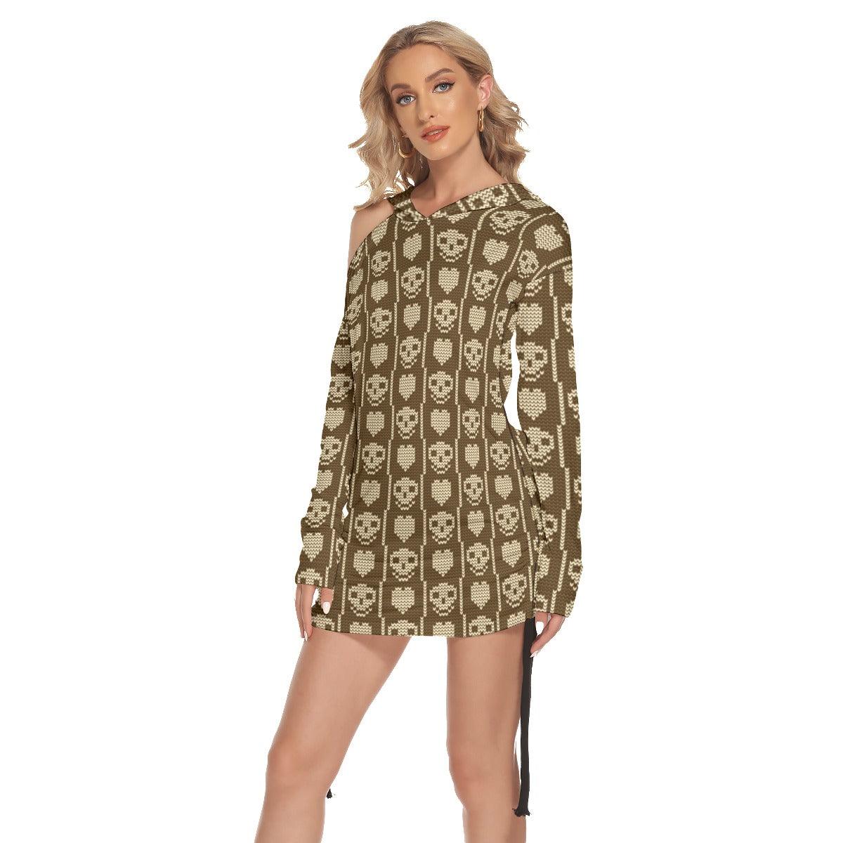 Christmas Brown Skull Heart Print Open Shoulder Dress - Wonder Skull