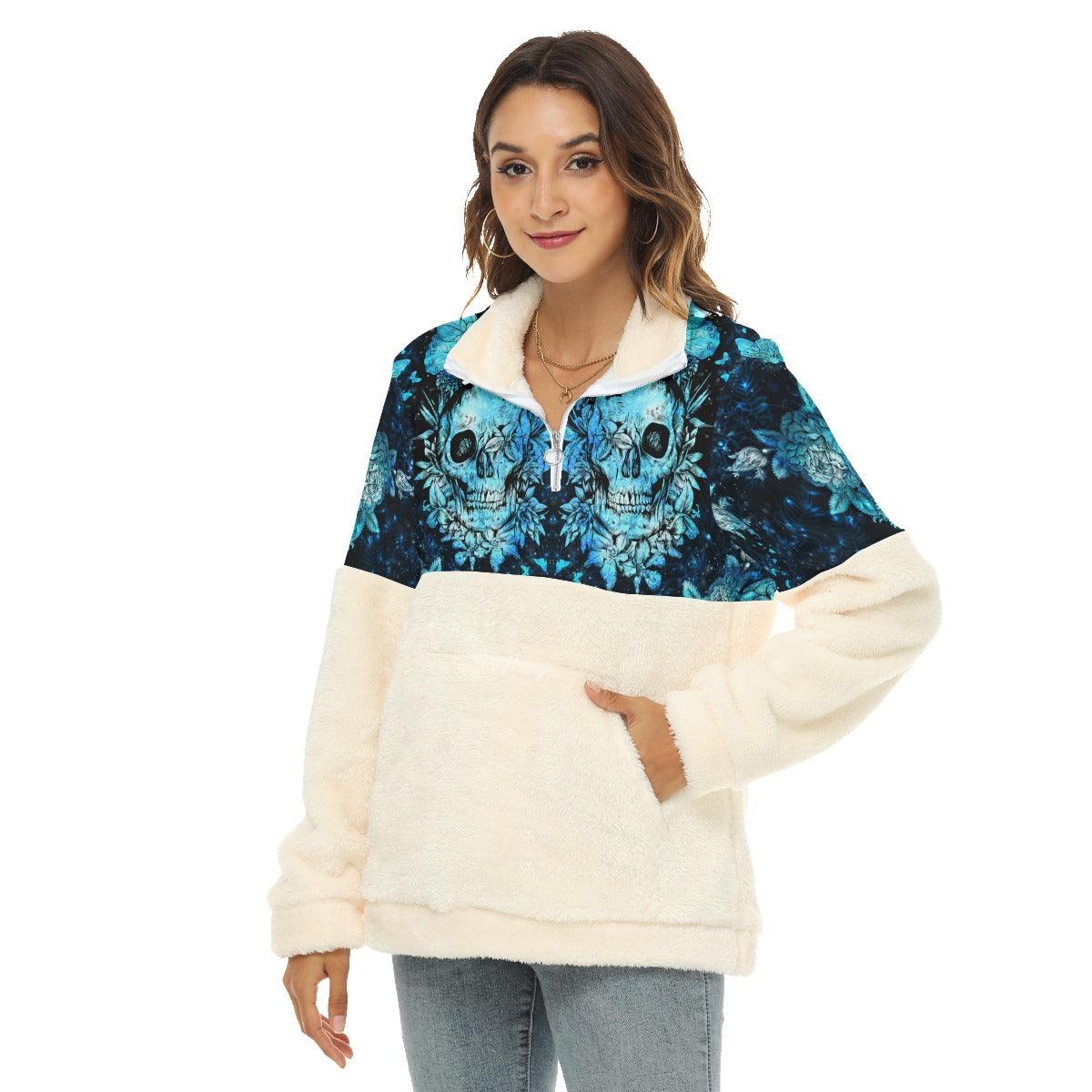 Frozen Iced Skull Flower Fleece Sweatshirt With Half Zip - Wonder Skull