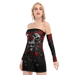 Skull Gothic Red Rose Off-shoulder Back Lace-up Dress - Wonder Skull