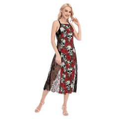 Hot Gothic Skull Rose Pattern Lace Cami Cross Back Women Dress - Wonder Skull