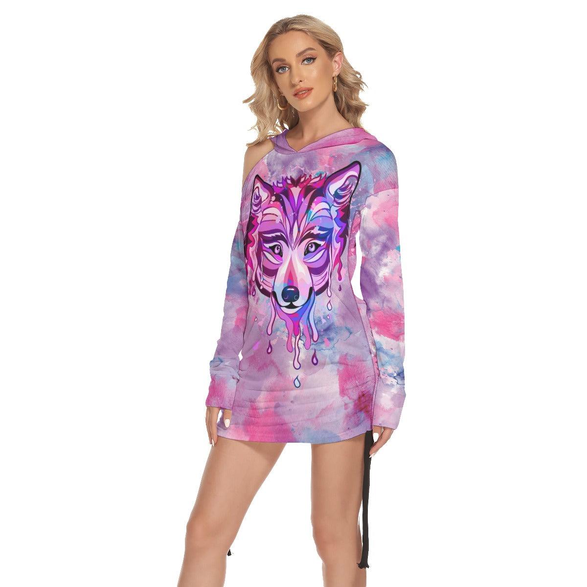 Purple & Pink Wolf All Over Print Women One Shoulder Dress With Waist Shirring, Long Hoodie For Women - Wonder Skull