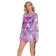 Purple & Pink Wolf All Over Print Women One Shoulder Dress With Waist Shirring, Long Hoodie For Women - Wonder Skull