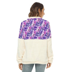 Purple Skull Rose Pattern Fleece Sweatshirt With Half Zip - Wonder Skull