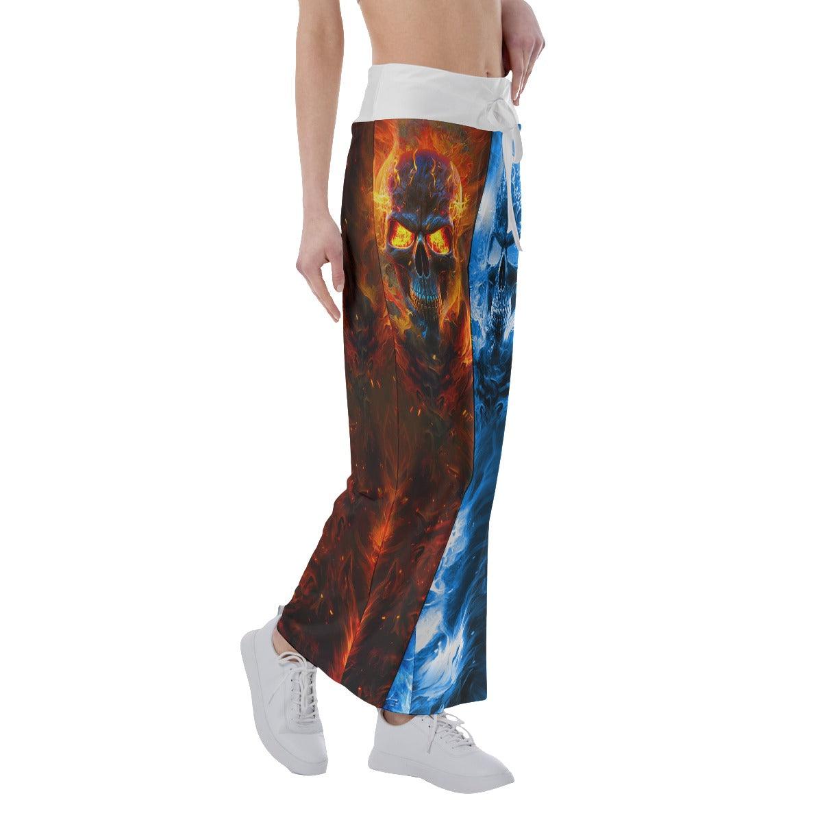 Orange Blue Color Block Skull High-waisted Wide Leg Pants - Wonder Skull