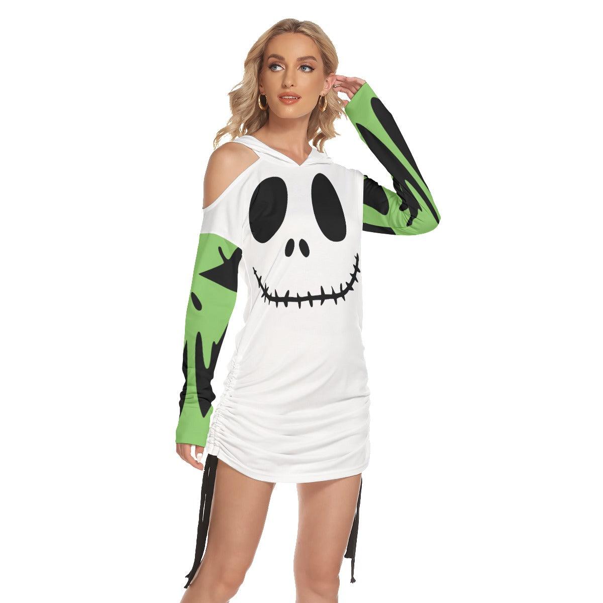Nightmare Smile Open Shoulder Dress Hoodie - Wonder Skull