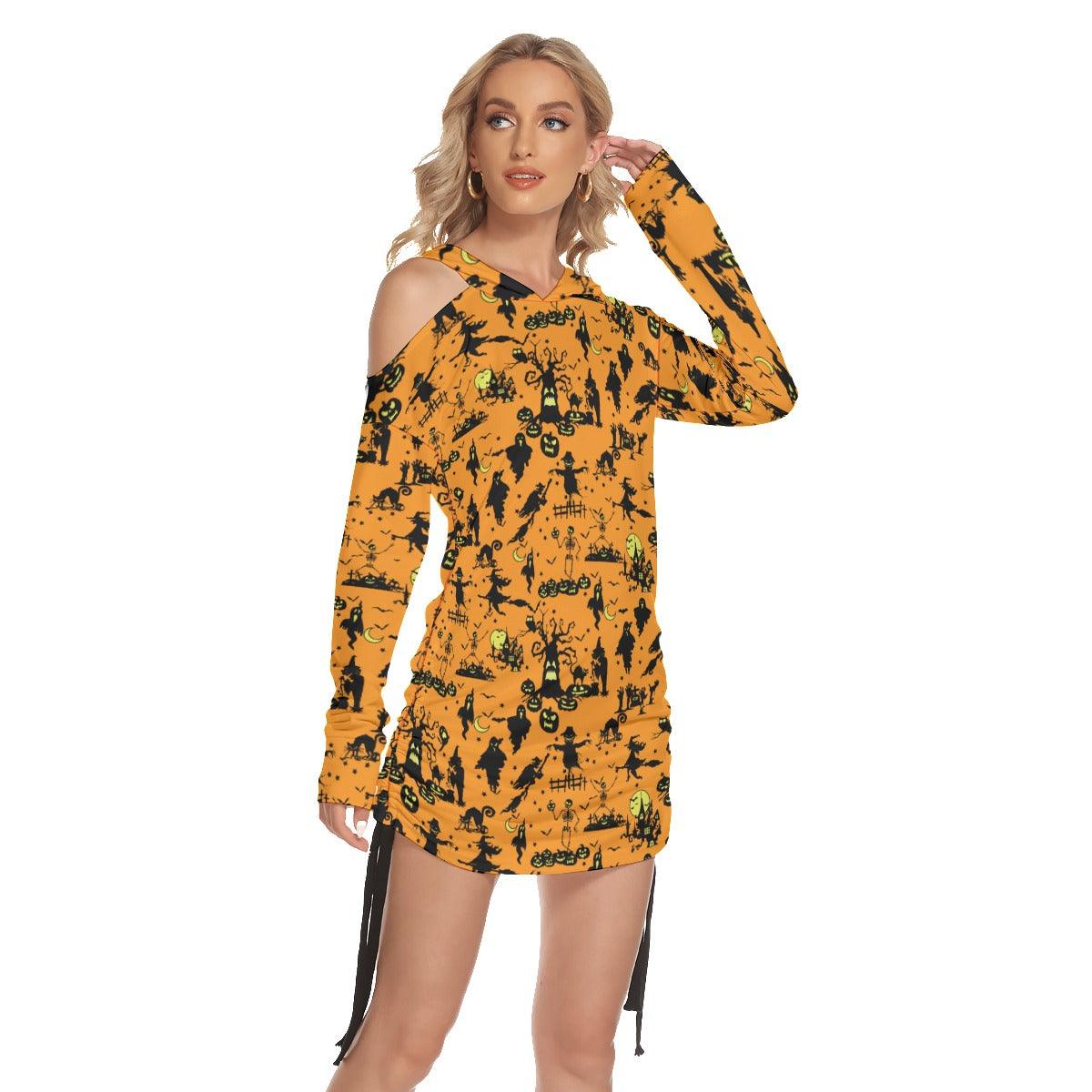 Halloween Witchy Night All Over Print Women One Shoulder Dress With Waist Shirring, Long Hoodie For Women - Wonder Skull
