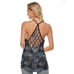 Gothic Skull Water Flow Criss-Cross Open Back Tank Top, Coolest T-Shirt For Women - Wonder Skull