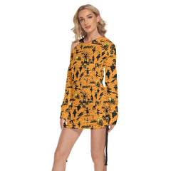 Halloween Witchy Night All Over Print Women One Shoulder Dress With Waist Shirring, Long Hoodie For Women - Wonder Skull