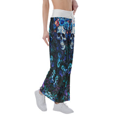 Dark Blue Skull Rose Gothic Women's High-waisted Wide Leg Pants | Wonder Skull