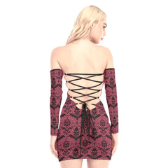Skull And Bat Red Off-shoulder Back Lace-up Dress - Wonder Skull