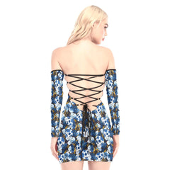 Blue Flower Skull Off-shoulder Back Lace-up Dress - Wonder Skull
