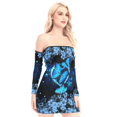 Blue Heart Butterflies Off-shoulder Back Lace-up Dress - Wonder Skull