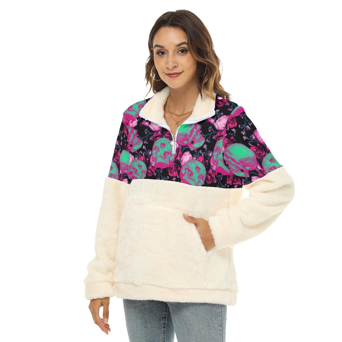 Green Pasteul Skull Fleece Sweatshirt With Half Zip - Wonder Skull