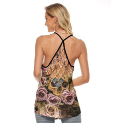 Gothic Pink Brown Pattern Criss-Cross Open Back Tank Top, Trending T-Shirt For Women - Wonder Skull
