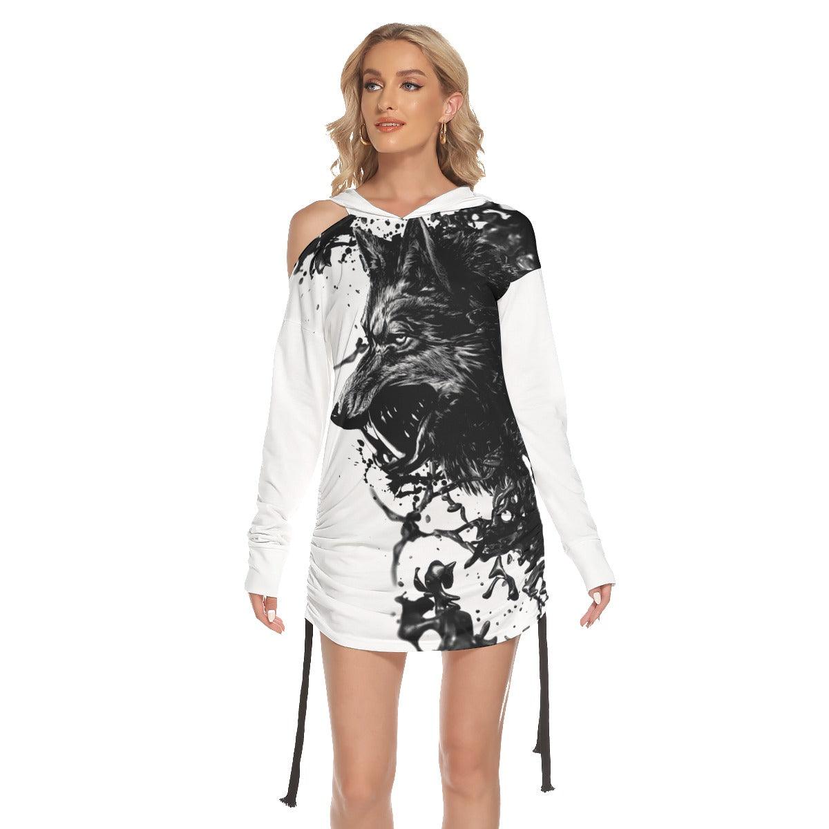 Wolf Warrior All Over Print Women One Shoulder Dress With Waist Shirring, Hot Long Hoodie For Women - Wonder Skull