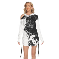 Wolf Warrior All Over Print Women One Shoulder Dress With Waist Shirring, Hot Long Hoodie For Women - Wonder Skull