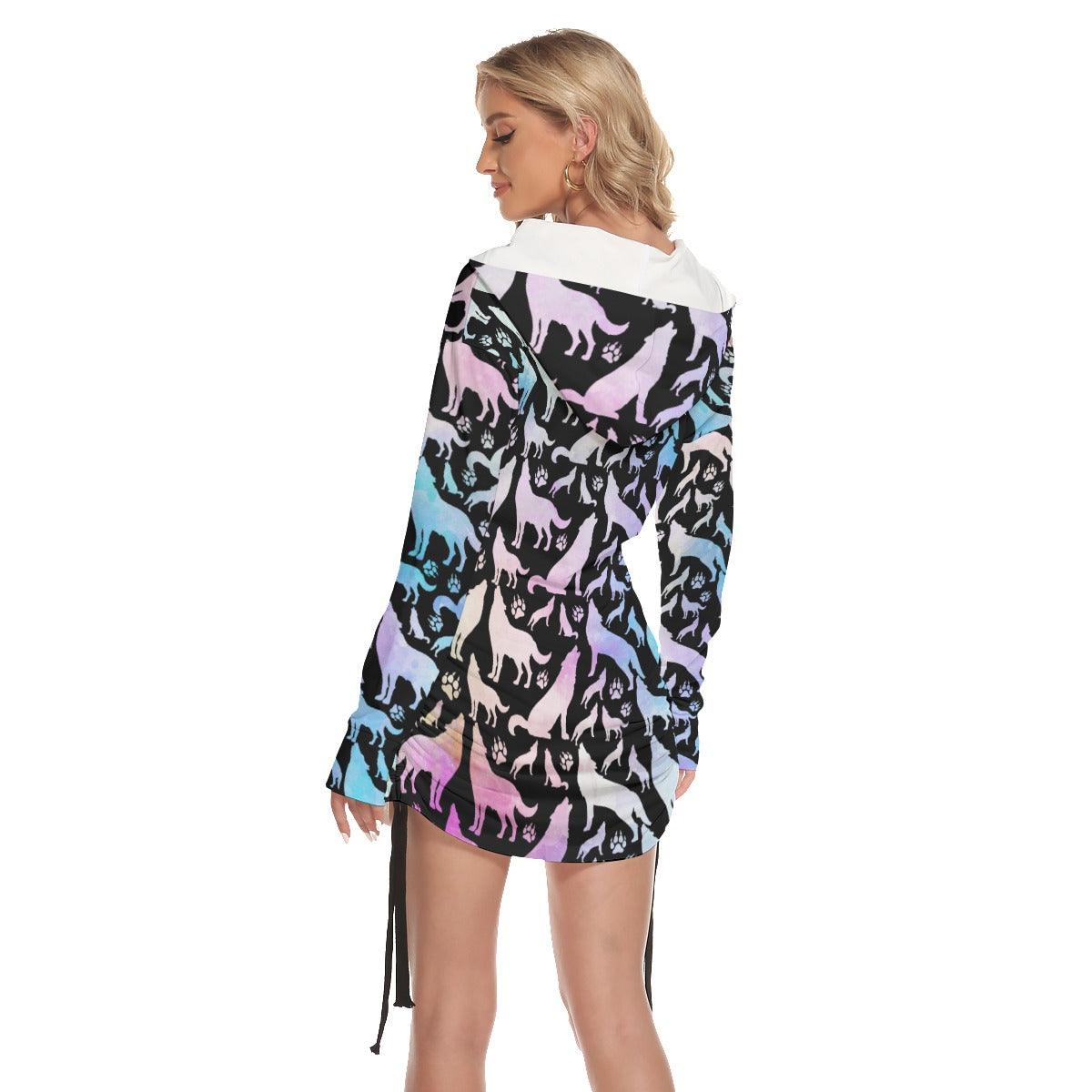 Galaxy Wolf Pattern All Over Print Women One Shoulder Dress With Waist Shirring, Long Hoodie For Women - Wonder Skull