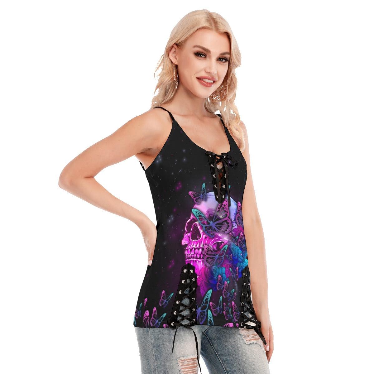 Skull Butterfly Purple Gothic Eyelet Lace-up Letter Dress - Wonder Skull