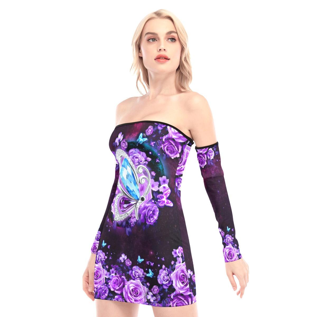 Gem Butterfly Roses Off-shoulder Back Lace-up Dress - Wonder Skull