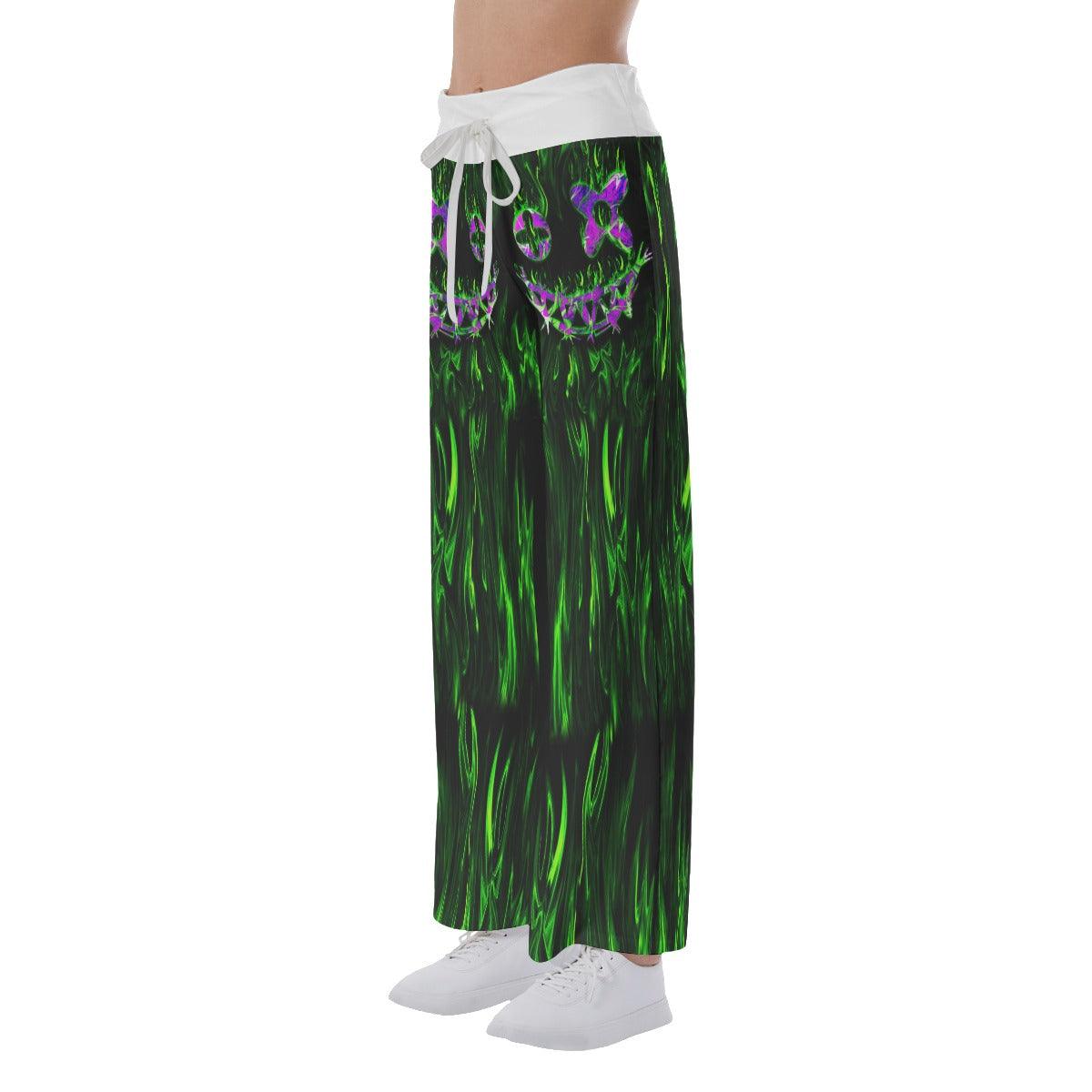 Green Flame Horror Smile Skull High-waisted Wide Leg Pants - Wonder Skull