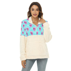 Pink Blue Skull Pattern Fleece Sweatshirt With Half Zip - Wonder Skull