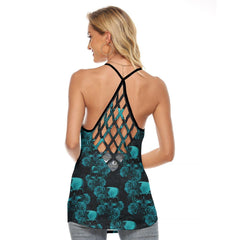 Vintage Blue Gothic Skull Criss-Cross Open Back Tank Top, Trending T-Shirt For Women - Wonder Skull