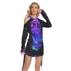 Wolf Flower All Over Print Women One Shoulder Dress With Waist Shirring, Long Hoodie For Women - Wonder Skull
