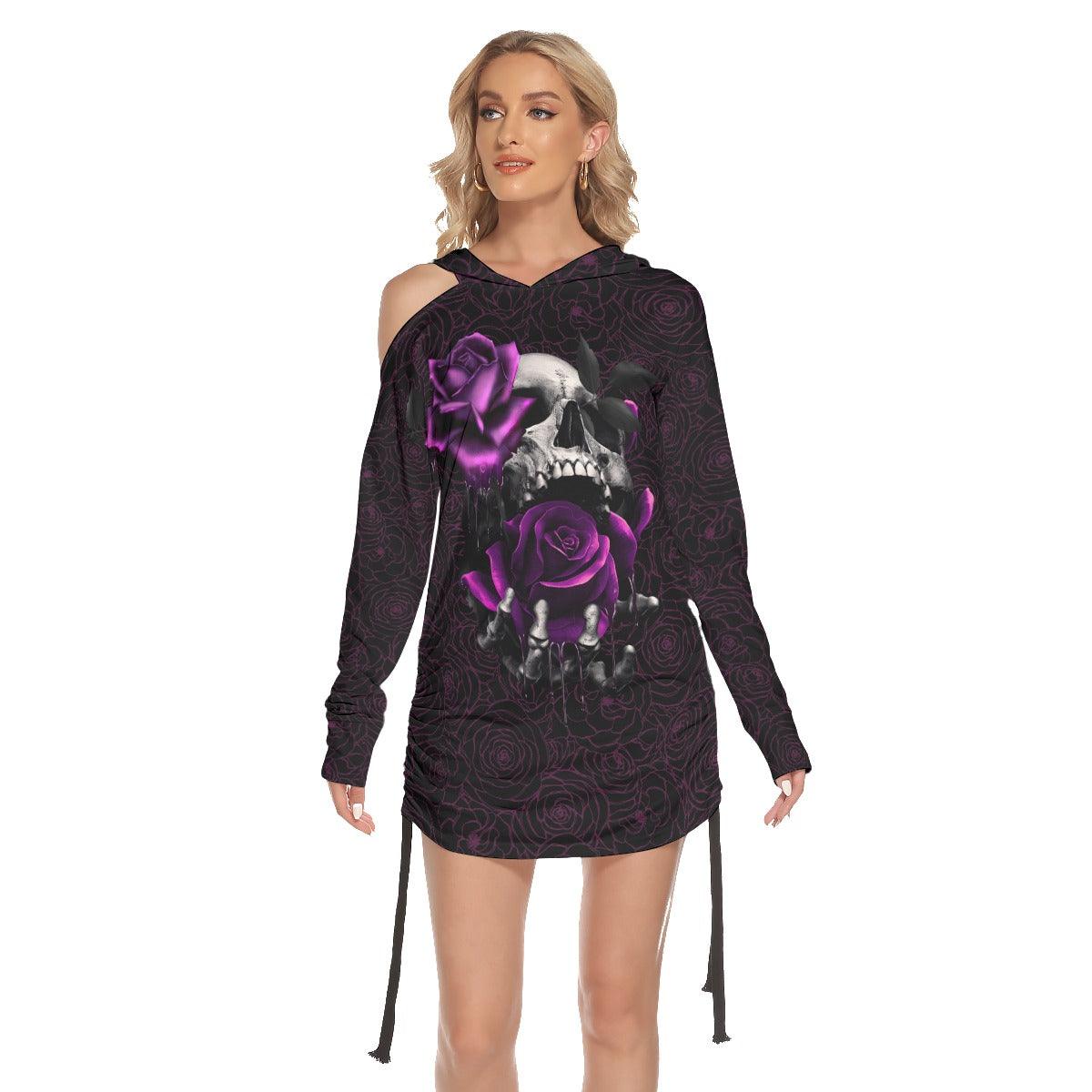 Pink Color Drawing Rose Skull Print Open Shoulder Dress - Wonder Skull