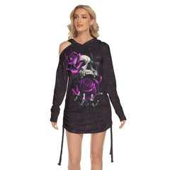 Pink Color Drawing Rose Skull Print Open Shoulder Dress - Wonder Skull