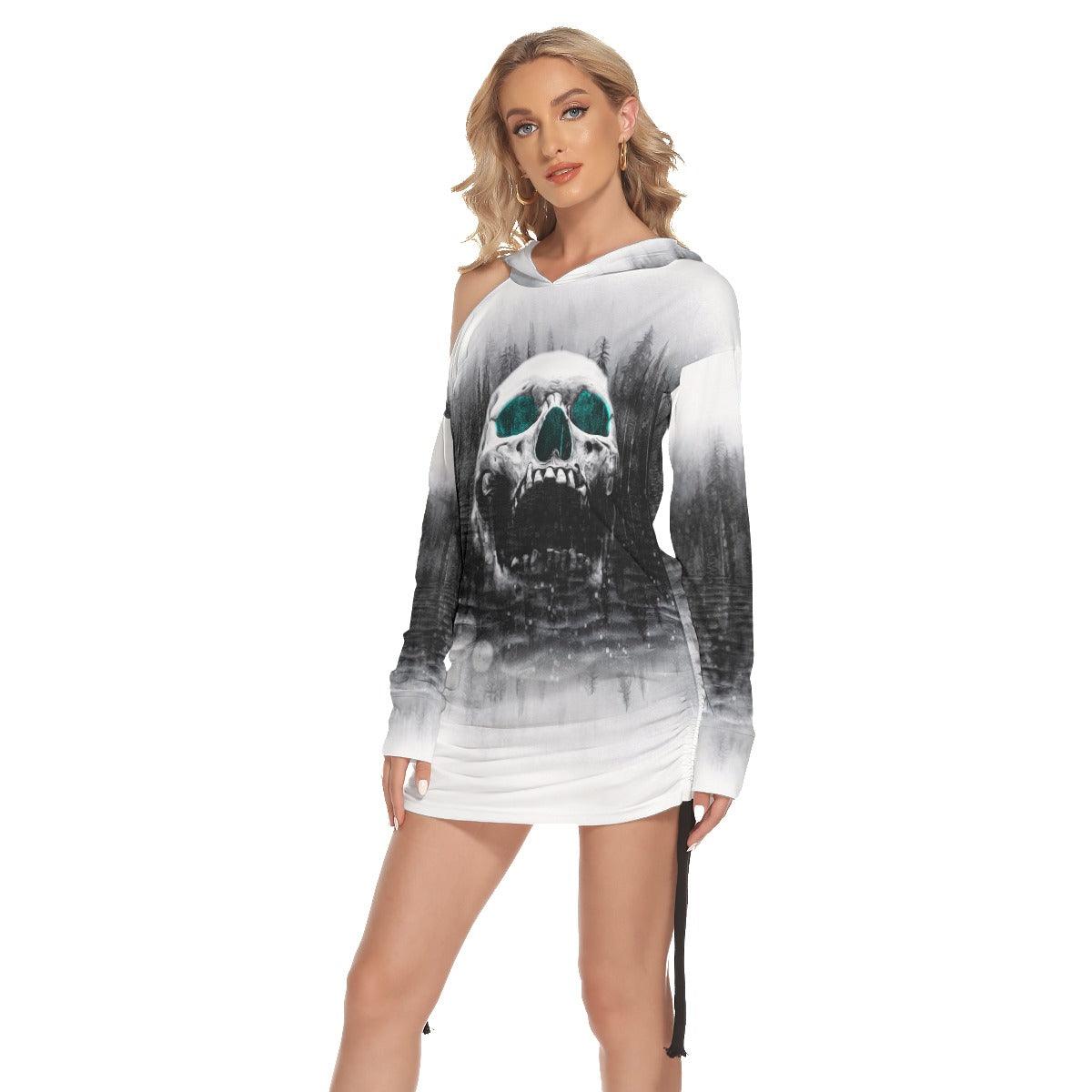 Black White Color Drawing Skull Print Open Shoulder Dress - Wonder Skull