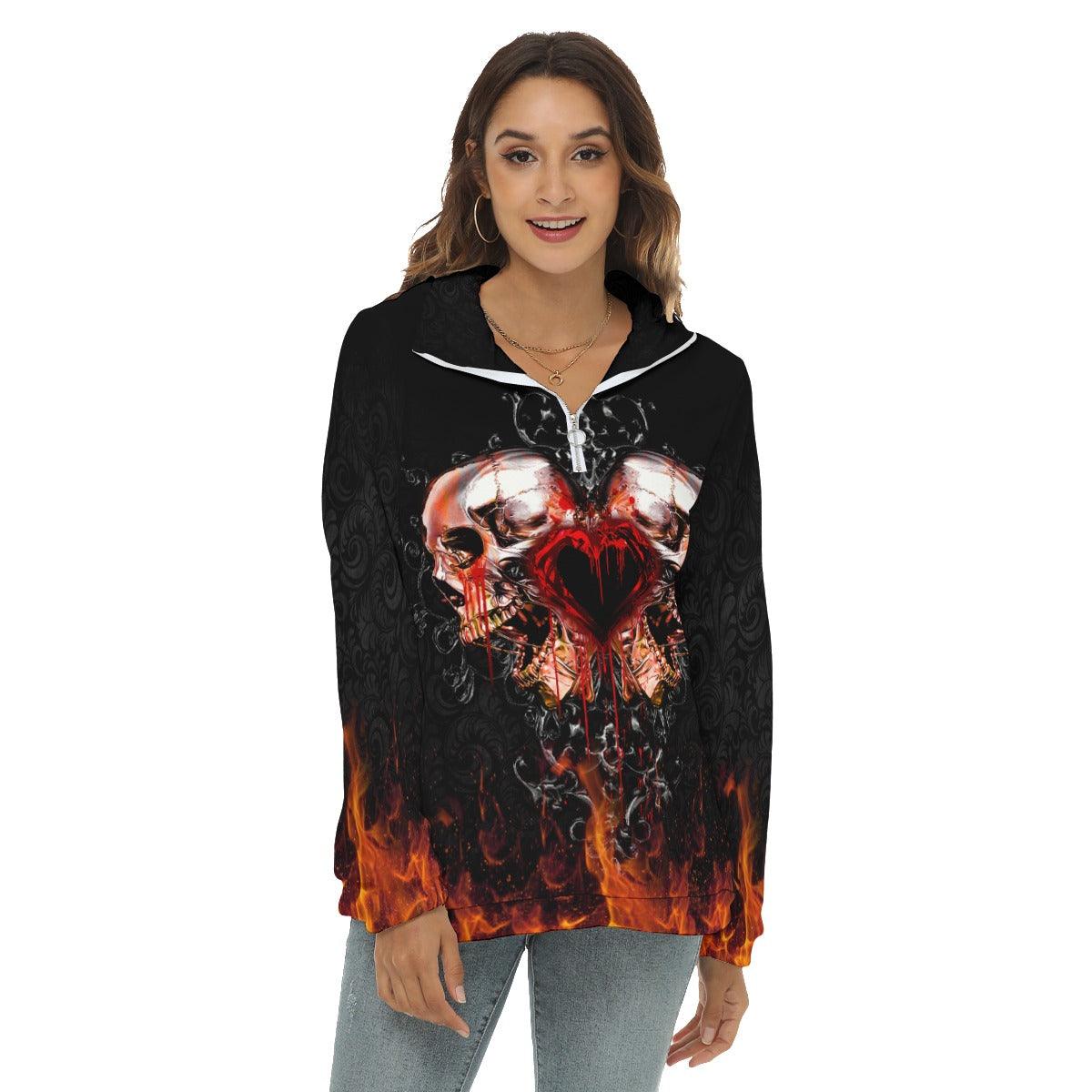 Fire Heart Skull Borg Fleece Sweatshirt With Half Zip - Wonder Skull