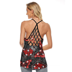 Gothic Butterfly Skull Wings Criss-Cross Open Back Tank Top, Coolest T-Shirt For Women - Wonder Skull