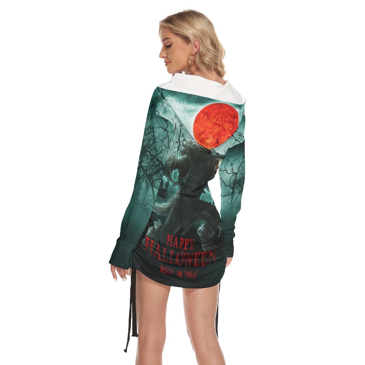 Wolfloween All Over Print Women One Shoulder Dress With Waist Shirring, Long Hoodie For Women - Wonder Skull