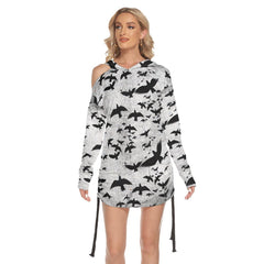 Gray Raven All Over Print Women One Shoulder Dress With Waist Shirring, Long Hoodie For Women - Wonder Skull
