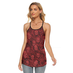 Red Fluid Skull Pattern Criss-Cross Open Back Tank Top, Coolest T-Shirt For Women - Wonder Skull