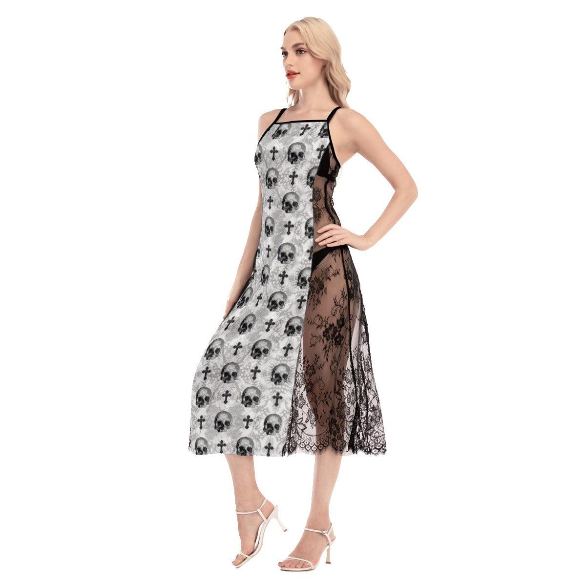 Hot Jesus Skull Pattern Lace Cami Cross Back Women Dress - Wonder Skull