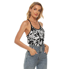 Black White Flame Skull Flame Thunder Criss-Cross Open Back Tank Top, Coolest T-Shirt For Women - Wonder Skull
