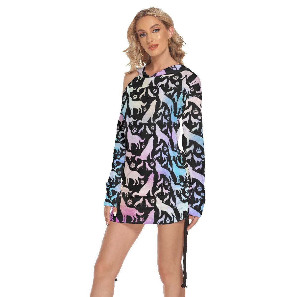 Galaxy Wolf Pattern All Over Print Women One Shoulder Dress With Waist Shirring, Long Hoodie For Women - Wonder Skull