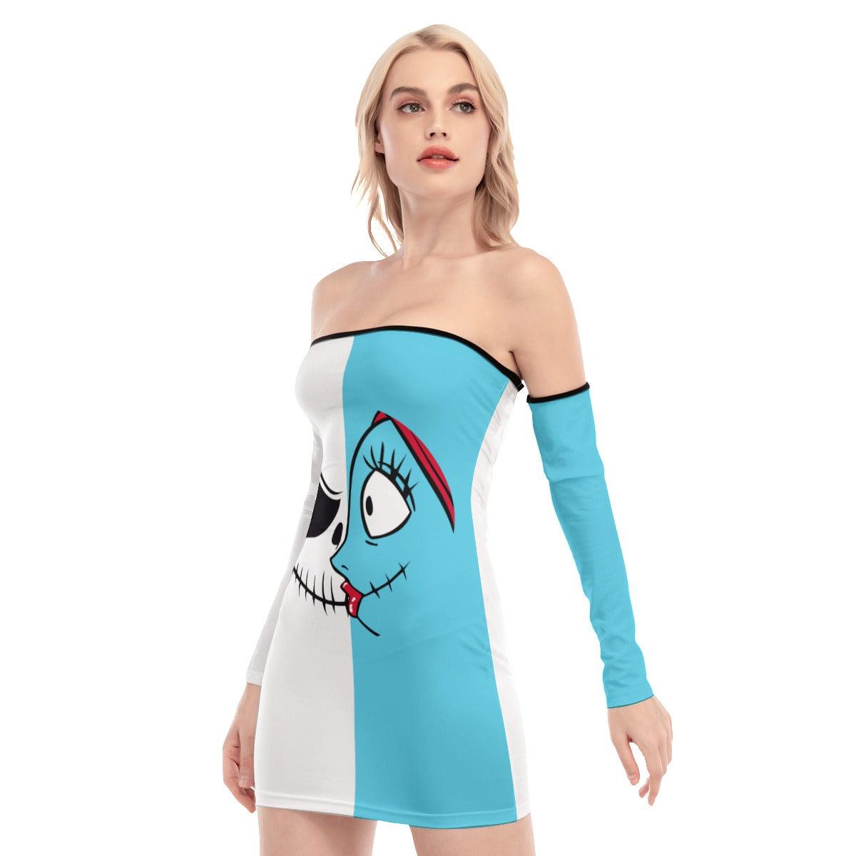 Nightmare Half Blue Half White Off-shoulder Back Lace-up Dress - Wonder Skull