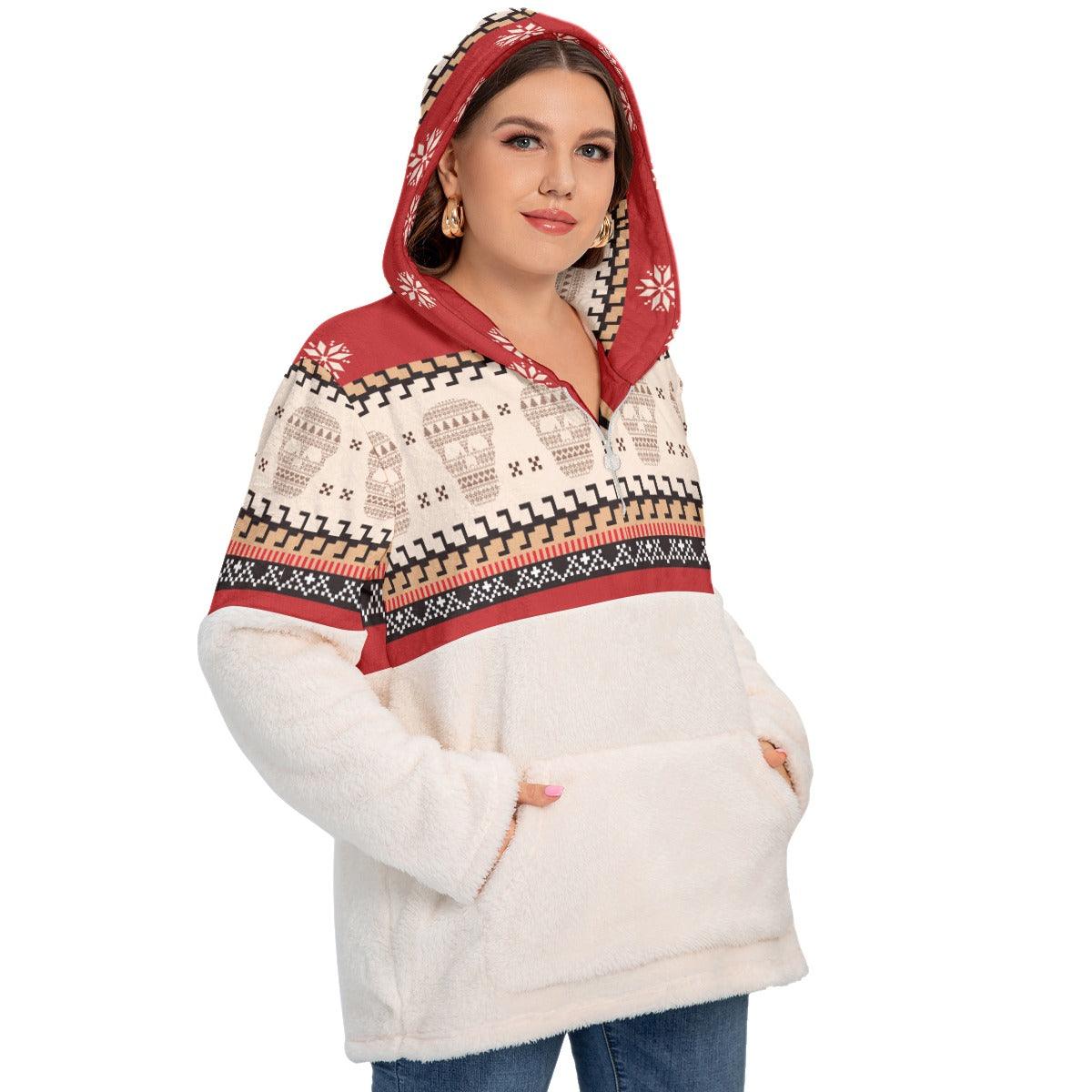 Skull With Snow Flare Borg Fleece Hoodie With Half Zip - Wonder Skull