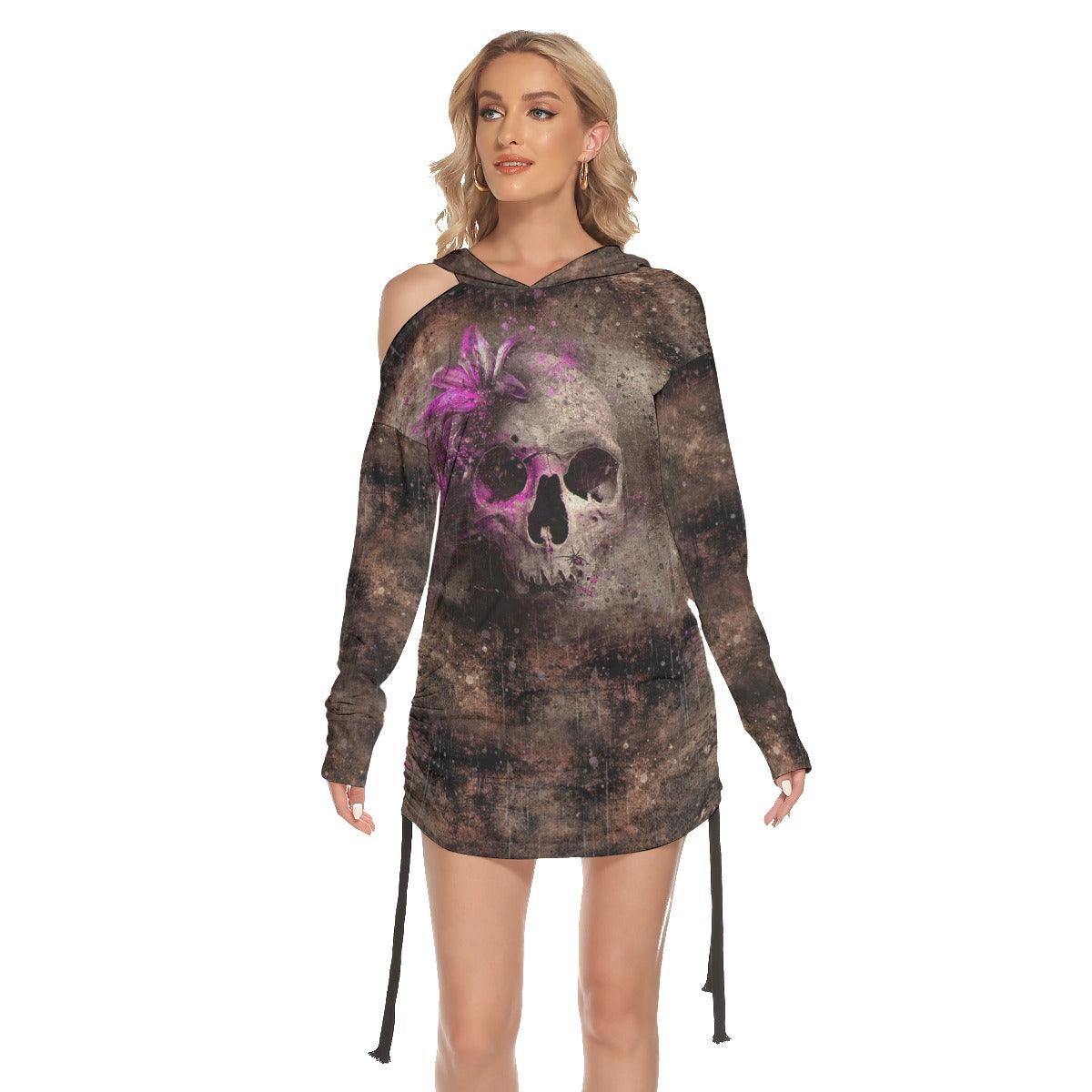 Brown Pink Flower Drawing Skull Print Open Shoulder Dress - Wonder Skull
