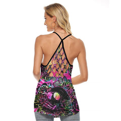 Rainbow Skull Rose Criss-Cross Open Back Tank Top, Trending T-Shirt For Women - Wonder Skull