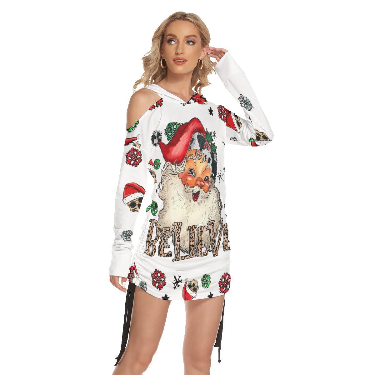 Christmas Skull Santa Claus Snowy Print Open Shoulder Dress - Wonder Skull