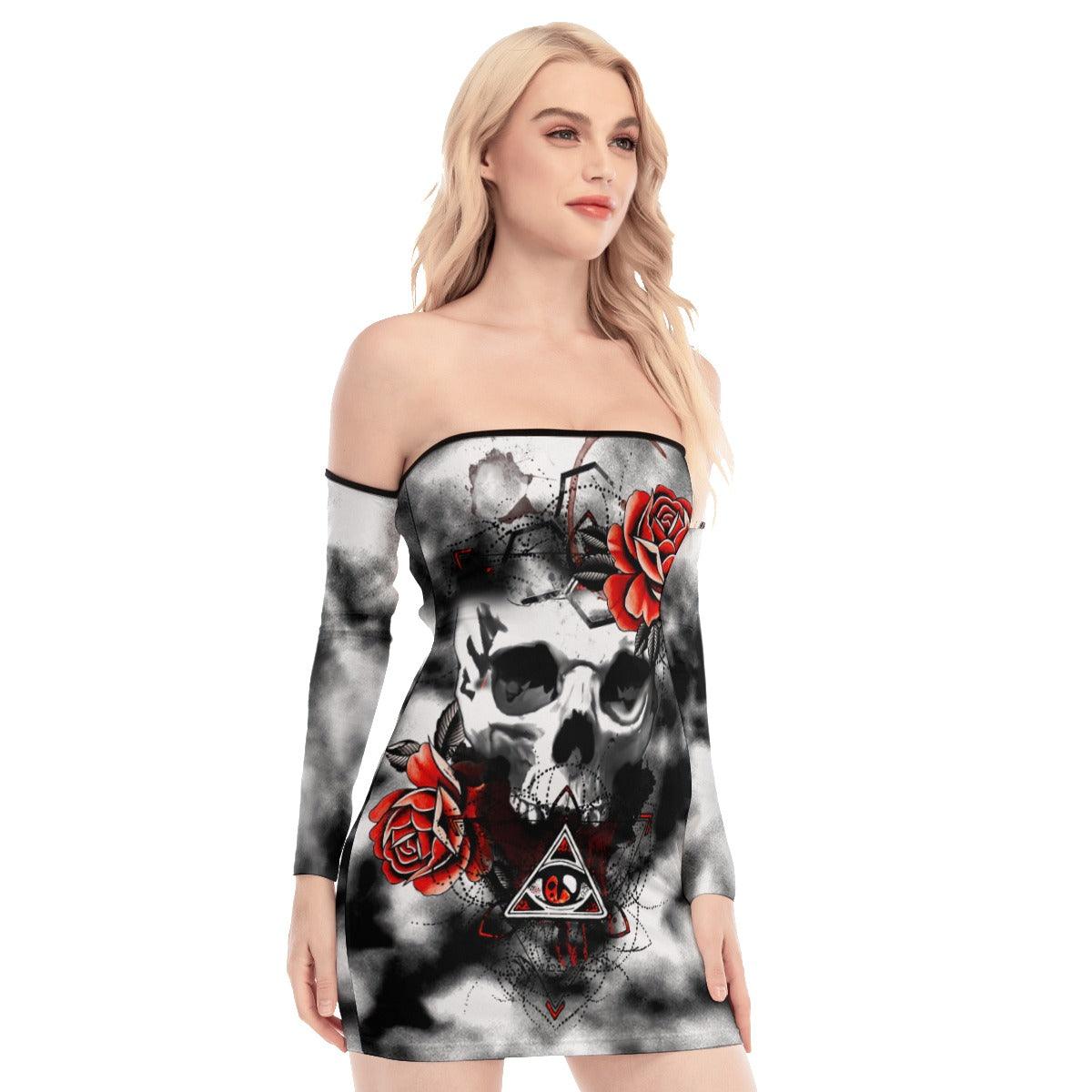 Skull Rose Red Tie Dye Off-shoulder Back Lace-up Dress - Wonder Skull