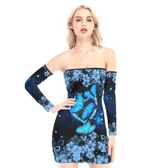 Blue Heart Butterflies Off-shoulder Back Lace-up Dress - Wonder Skull